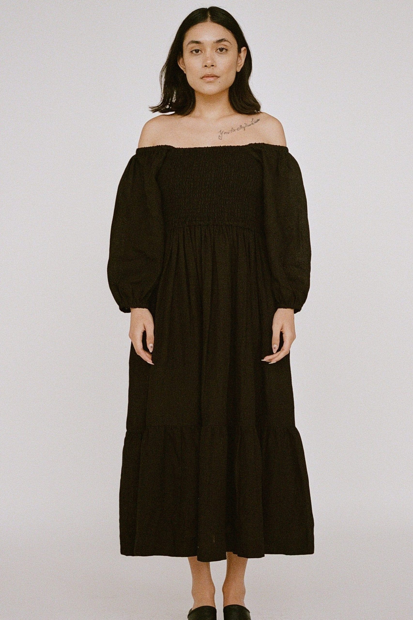 Smocked Bodice Dress - Black Linen