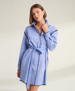 woven button up dress with embroidery detail 1