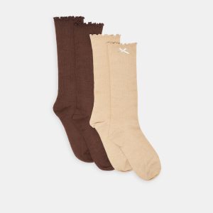 2 pack lettuce edge bow socks tan brown 1