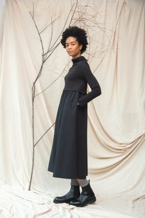 birch organic cotton jersey and poplin dress in black 1