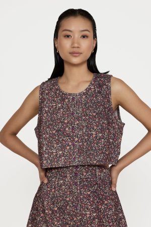 cropped button vest floral corduroy 1