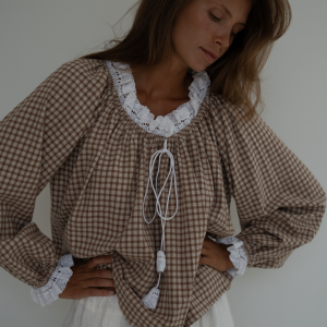 esme cinnamon gingham lace blouse 1