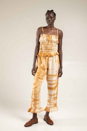 frill hem pants shibori camel 1