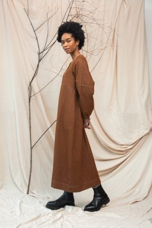 gale leigh recycled cotton denim dress in bark brown 1