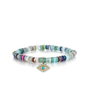 gold diamond medium bezel eye with turquoise on rainbow heishi 1
