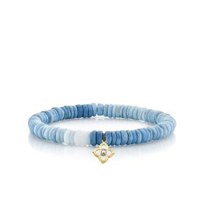 gold pearl moroccan flower on blue opal heishi 1