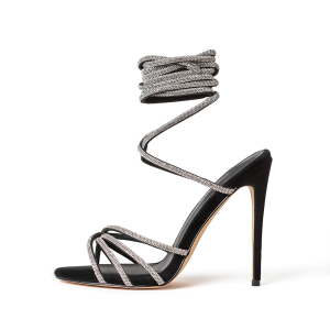 grace black vegan suede crystal wrap sandal heels 1
