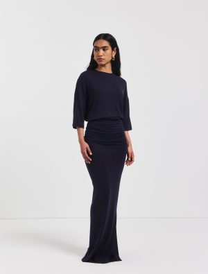 leah ruched maxi skirt in darkest navy 1