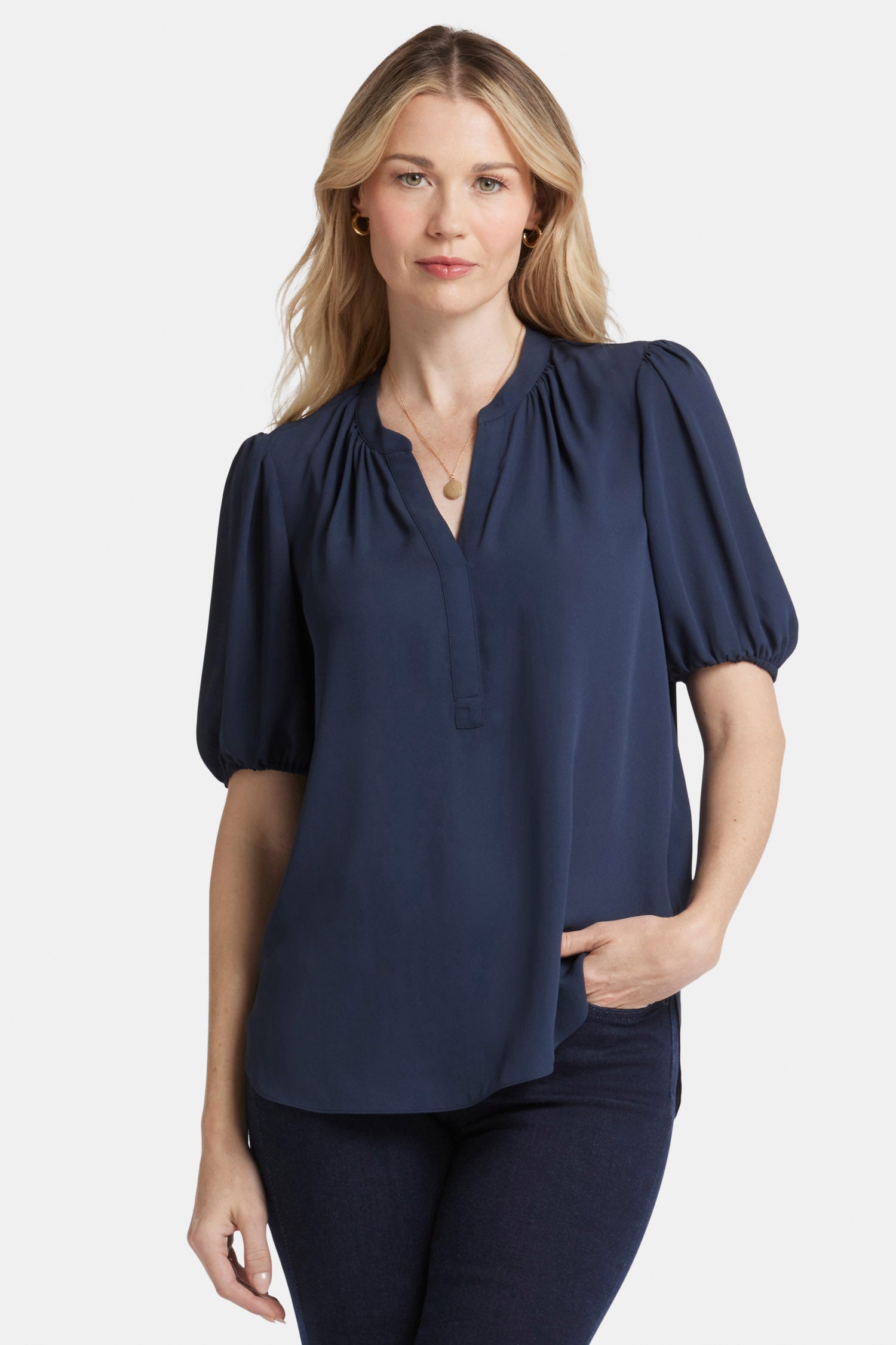 short puff sleeve popover top oxford navy 1