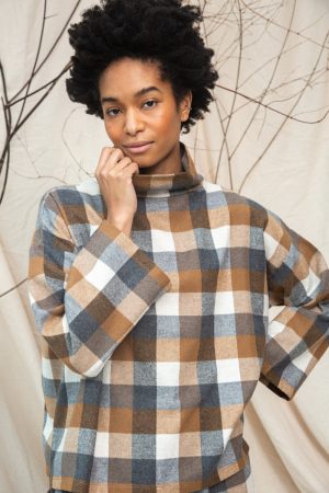 ula cay recycled cotton blend brushed twill check top in tan check 1
