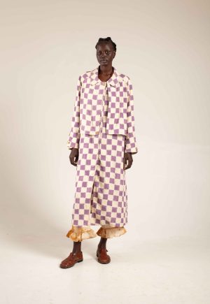 woodblock printed trenchcoat lilac check 1