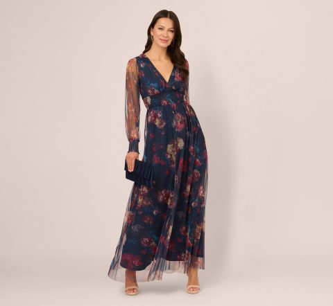 bishop sleeve floral mesh maxi dress in navy multi 1