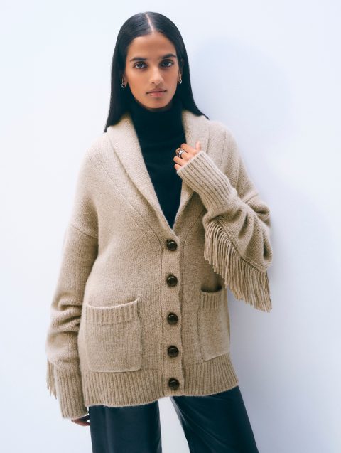 cashmere blend luxe fringe coatigan misty brown heather 1