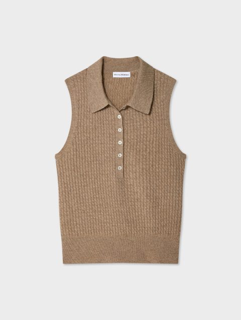 cashmere cable sleeveless polo taupe heather 1
