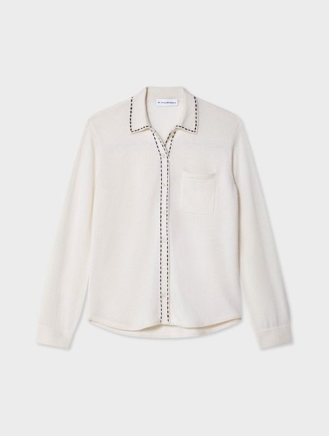 cashmere embroidered trim button down shirt soft whiteblack 1