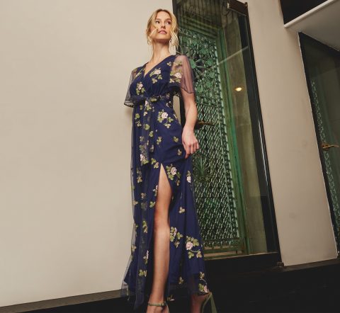 floral embroidered maxi dress with sheer flutter sleeves in navy multi 1