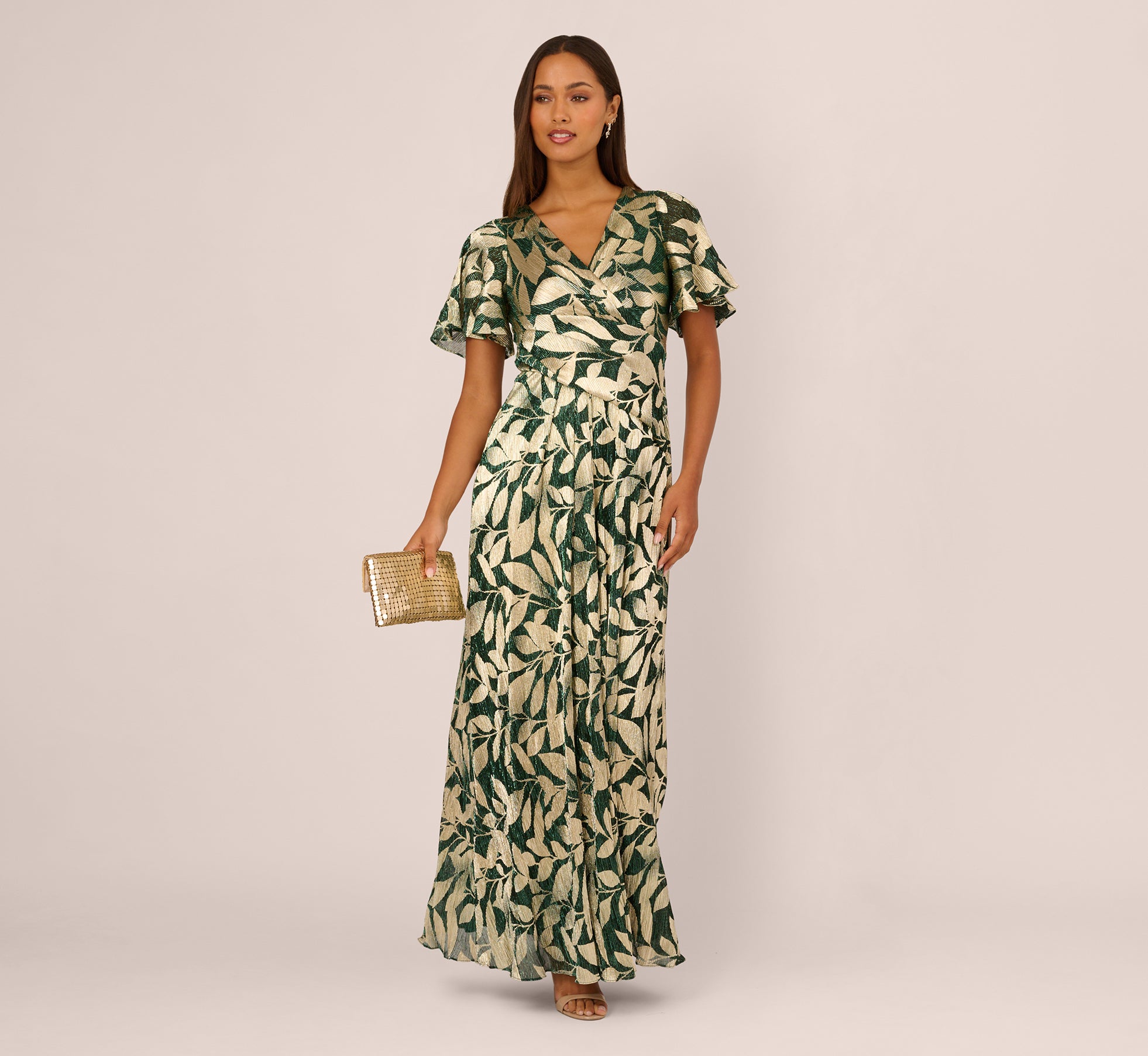 foil leaf short sleeve gown with draped details in green pine gold 1