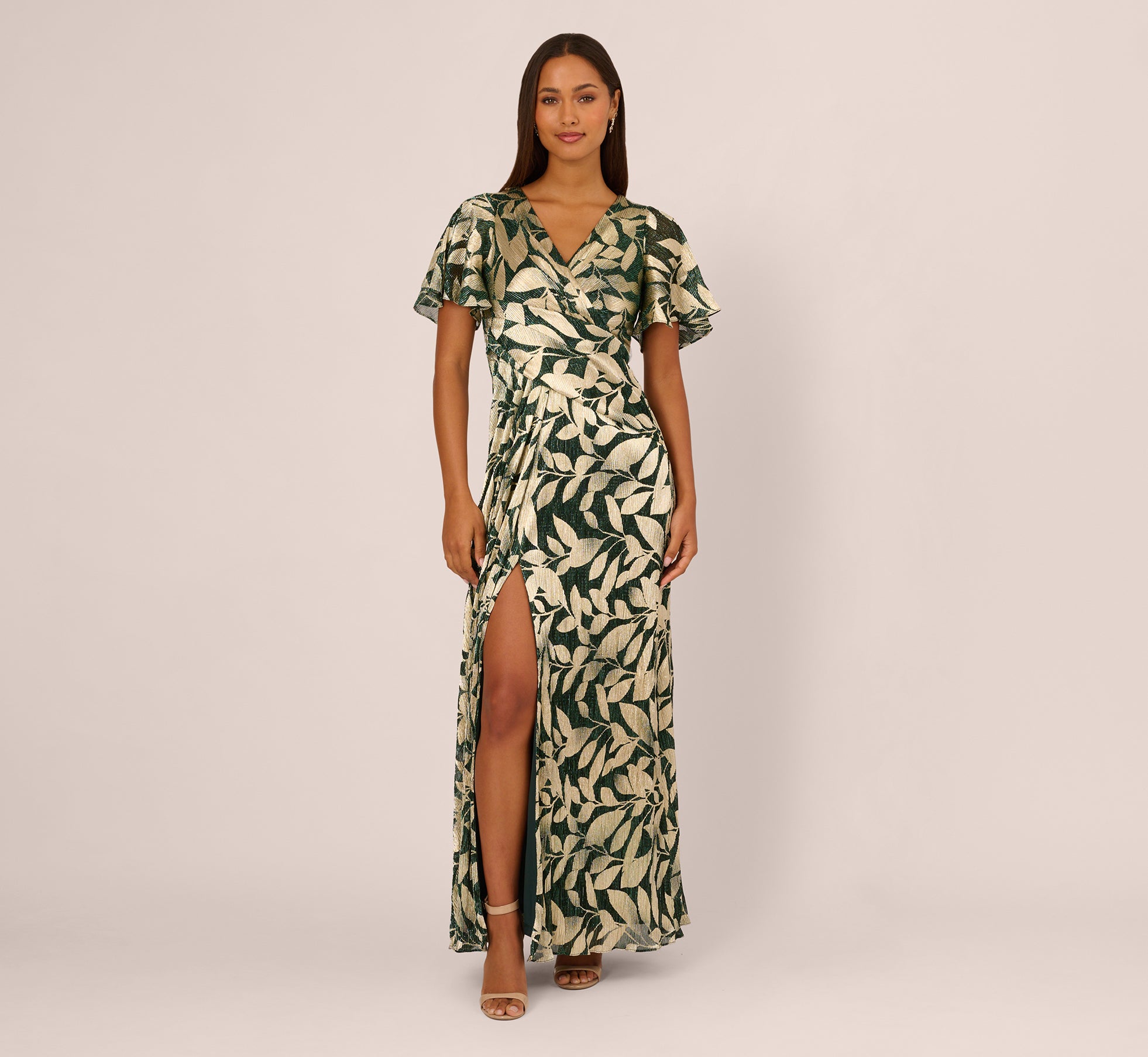 foil leaf short sleeve gown with draped details in green pine gold 2