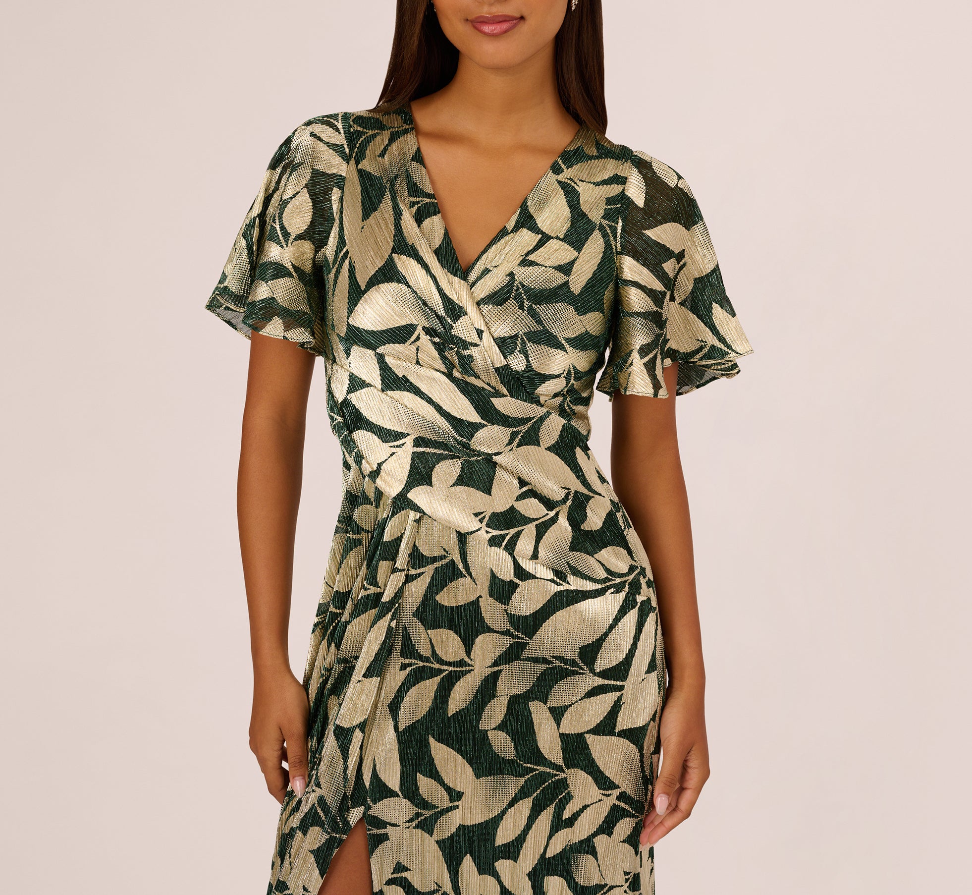 foil leaf short sleeve gown with draped details in green pine gold 3