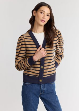 kelly puff sleeve cardigan in vello fleece camelnavy mariner stripe 1