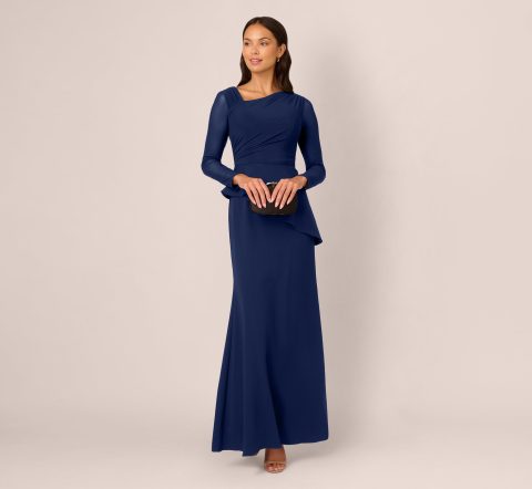 knit crepe combo mesh gown in navy sateen 1