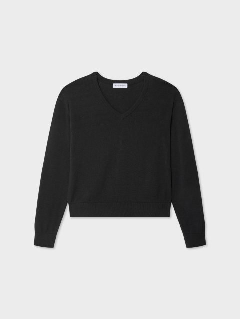 linen blend rib trim v neck black 1