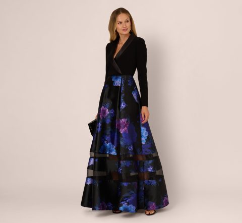 long sleeve floral tuxedo combo ballgown in black multi 1