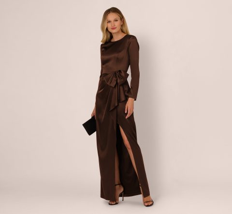 long sleeve satin bow gown in chocolate 1
