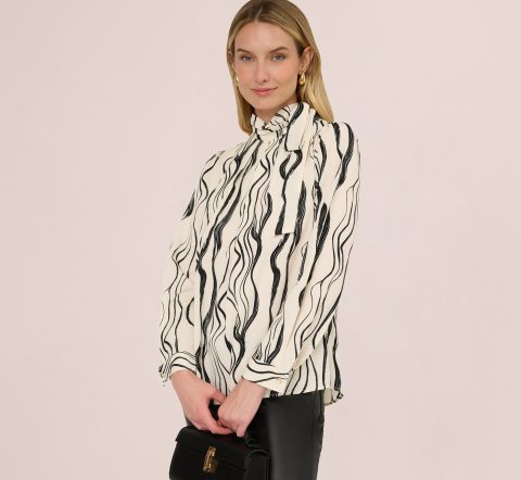long sleeve tie neck blouse in ivory black abstract brush 1