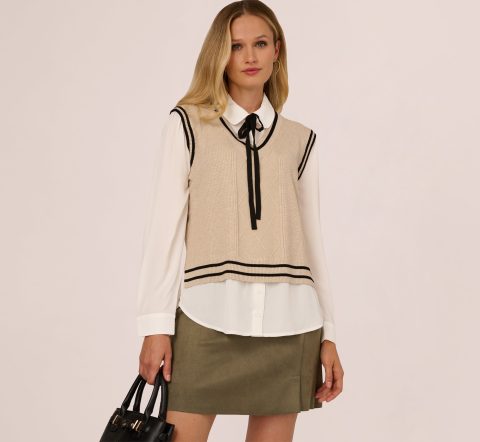 long sleeve tie neck sweater vest twofer top in neutral black 1
