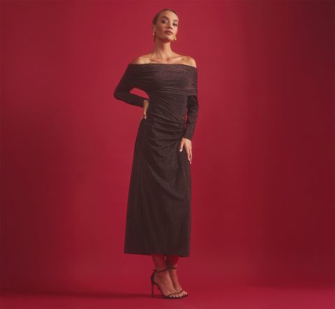 off shoulder long sleeve metallic knit maxi dress in chocolate 1