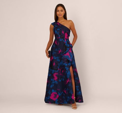 one shoulder floral jacquard a line gown in navy orchid 1