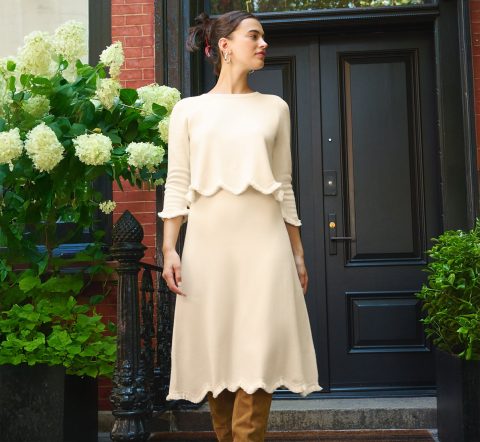 sweater knit scalloped a line midi skirt in cream 1
