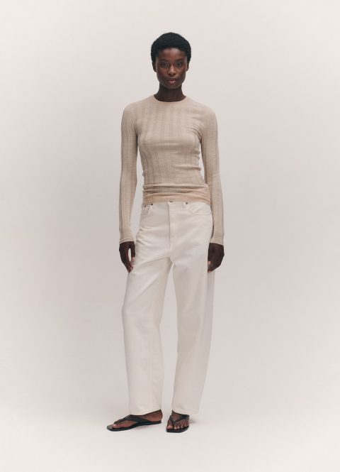 arklow extrafine merino ribbed crewneck in oatmeal 1