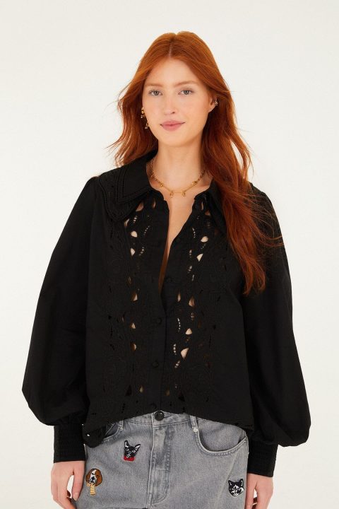 black embroidered buttoned puff sleeve shirt 1