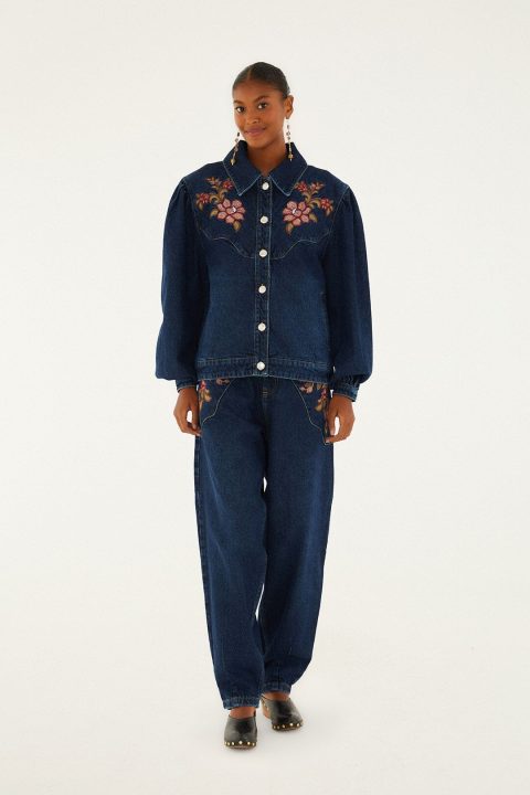 denim floral embroidery pants 1