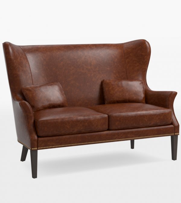 Clinton Modern Wingback Leather Settee with Nailheads