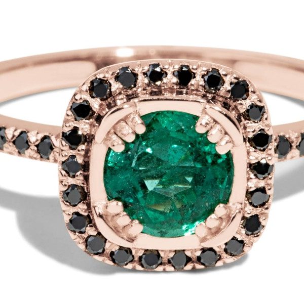 Quince Emerald with Black Diamond Halo Ring